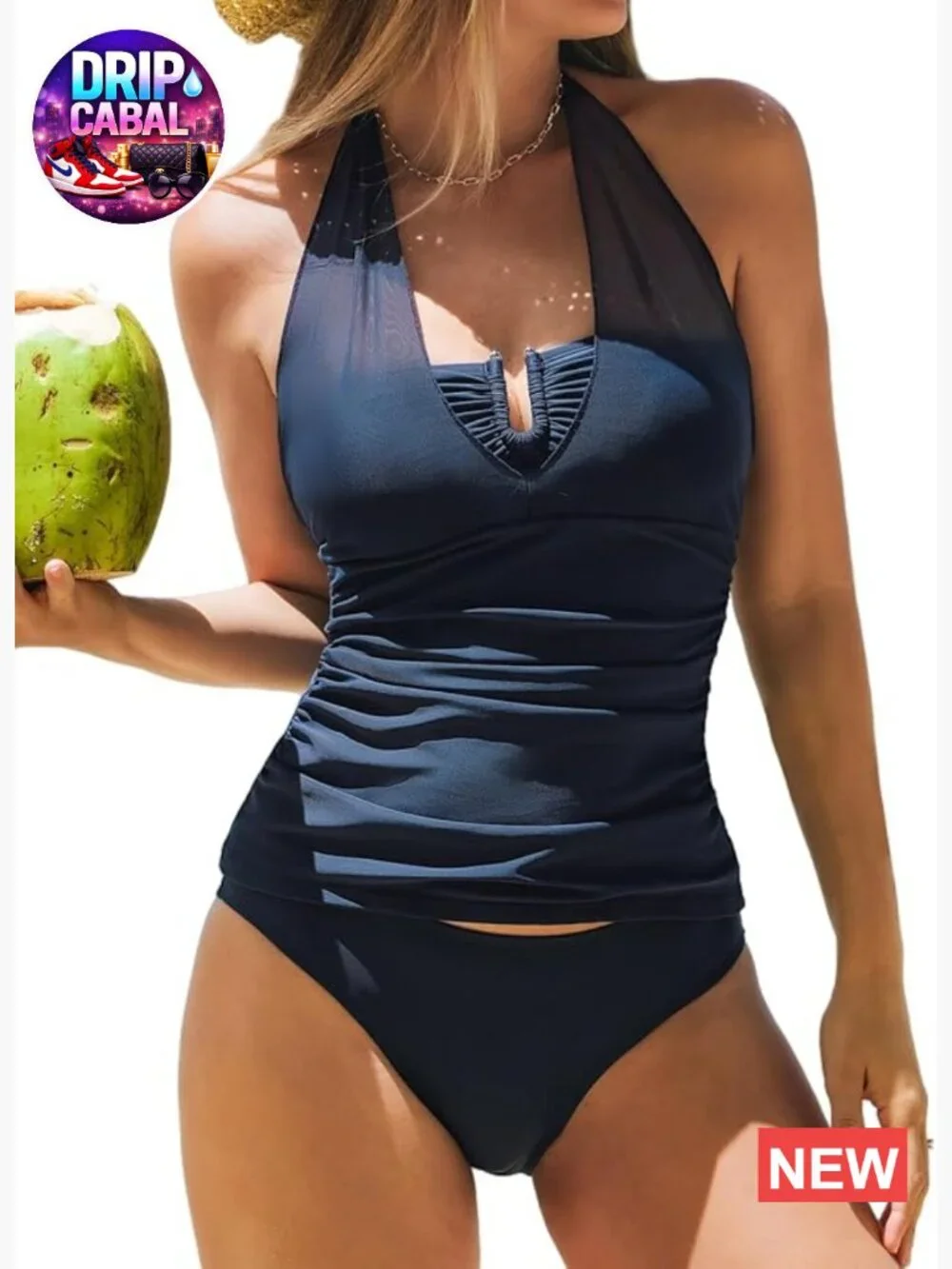 Halter U Wire Mesh Two Piece Tankini Set with Removable Soft Cups